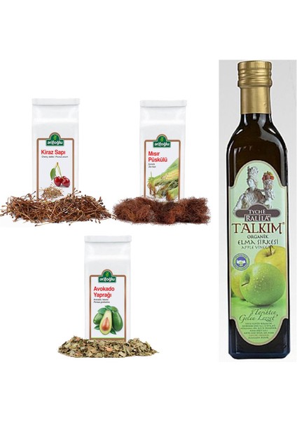 Kiraz Sapı 50 gr + Mısır Püskülü 40 gr + Avokado Yaprağı 60 gr + Talkım Elma Sirkesi 500 ml 4'lü