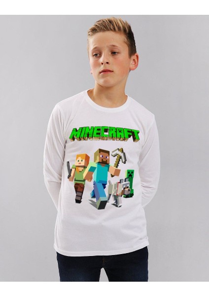Minecraft Uzun Kollu Çocuk Tişört Beyaz modelleri