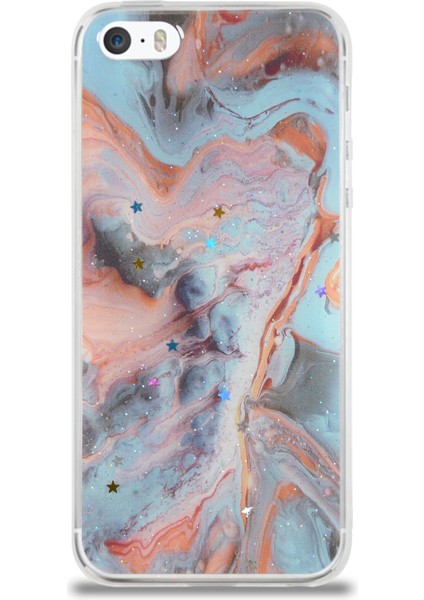 Caseworld Apple Apple iPhone 5s Kapak Mermer Desenli Pop Socketli Silikon Kılıf - Mercan