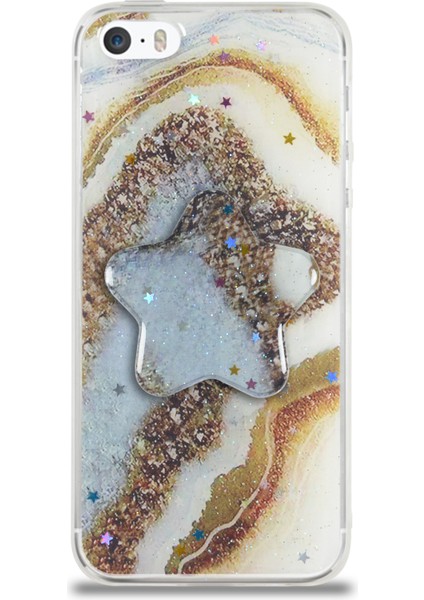 Caseworld Apple Apple iPhone 5 Kapak Mermer Desenli Pop Socketli Silikon Kılıf - Gold