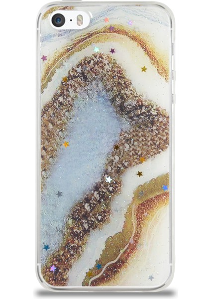 Caseworld Apple Apple iPhone 5 Kapak Mermer Desenli Pop Socketli Silikon Kılıf - Gold