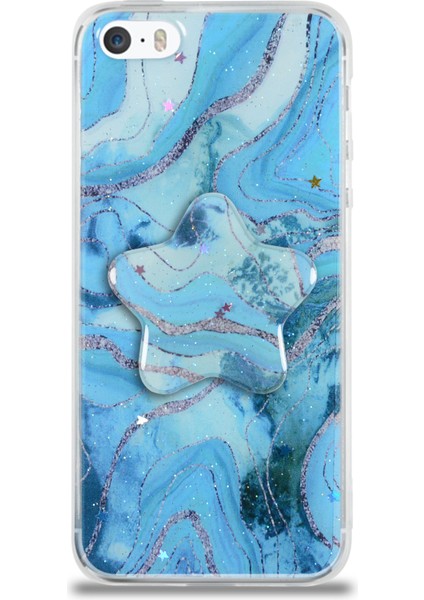 Caseworld Apple Apple iPhone 5s Kapak Mermer Desenli Pop Socketli Silikon Kılıf - Mavi