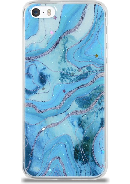 Caseworld Apple Apple iPhone 5s Kapak Mermer Desenli Pop Socketli Silikon Kılıf - Mavi