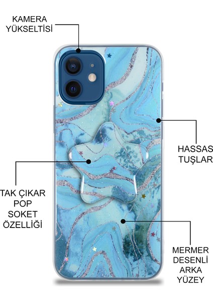Caseworld Apple Apple iPhone 5s Kapak Mermer Desenli Pop Socketli Silikon Kılıf - Mavi