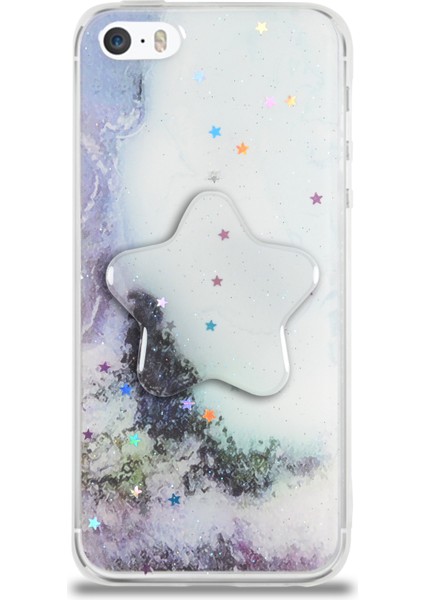 Caseworld Apple Apple iPhone 5 Se Kapak Mermer Desenli Pop Socketli Silikon Kılıf - Beyaz