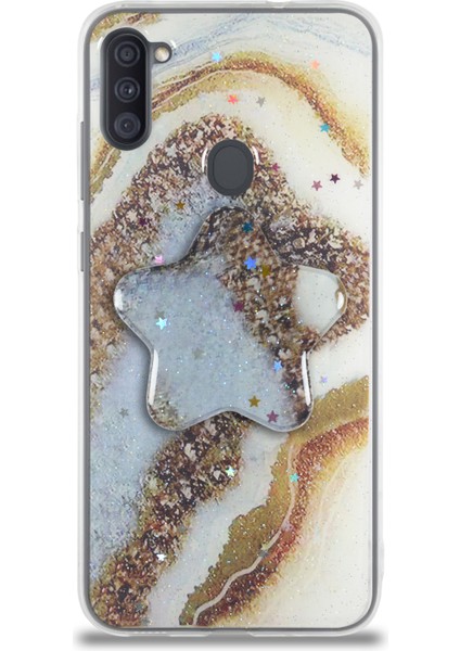 Caseworld Samsung Galaxy A11 Kapak Mermer Desenli Pop Socketli Silikon Kılıf - Gold