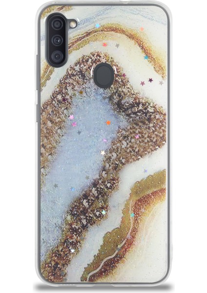 Caseworld Samsung Galaxy M11 Kapak Mermer Desenli Pop Socketli Silikon Kılıf - Gold