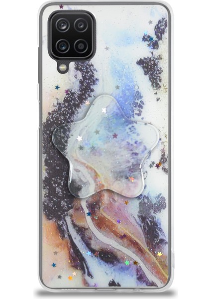 Caseworld Samsung Galaxy A12 Kapak Mermer Desenli Pop Socketli Silikon Kılıf - Mor