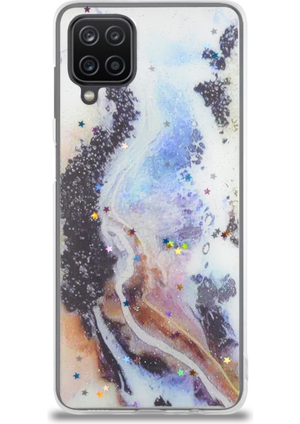 Caseworld Samsung Galaxy A12 Kapak Mermer Desenli Pop Socketli Silikon Kılıf - Mor