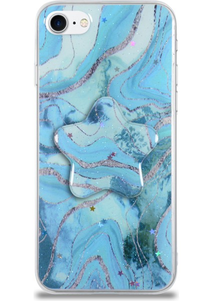 Caseworld Apple Apple iPhone 8 Kapak Mermer Desenli Pop Socketli Silikon Kılıf - Mavi