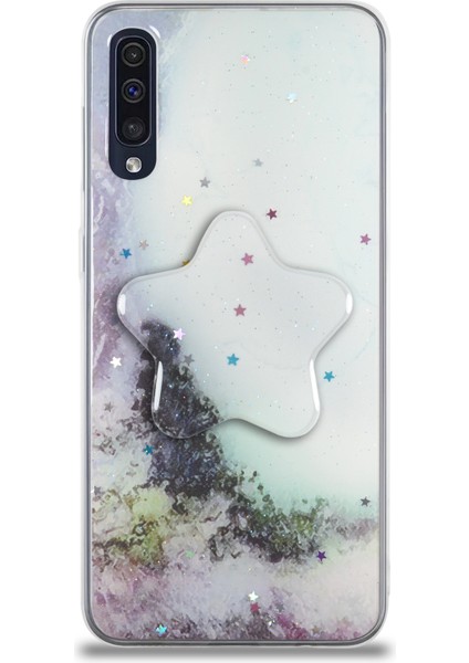 Caseworld Samsung Galaxy A50 Kapak Mermer Desenli Pop Socketli Silikon Kılıf - Beyaz
