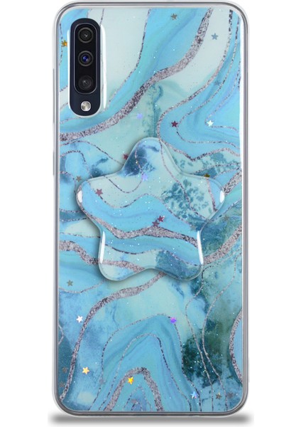 Samsung Galaxy A50S ile Uyumlu Kapak Mermer Desenli Pop Socketli Silikon ile Uyumlu Kılıf - Mavi