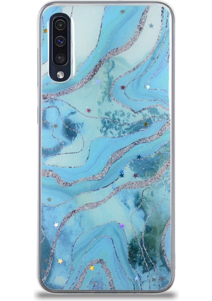 Samsung Galaxy A50S ile Uyumlu Kapak Mermer Desenli Pop Socketli Silikon ile Uyumlu Kılıf - Mavi fiyatları