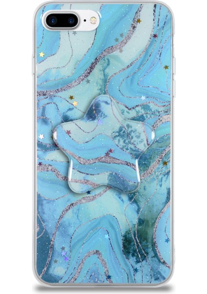 Caseworld Apple Apple iPhone 7 Plus Kapak Mermer Desenli Pop Socketli Silikon Kılıf - Mavi