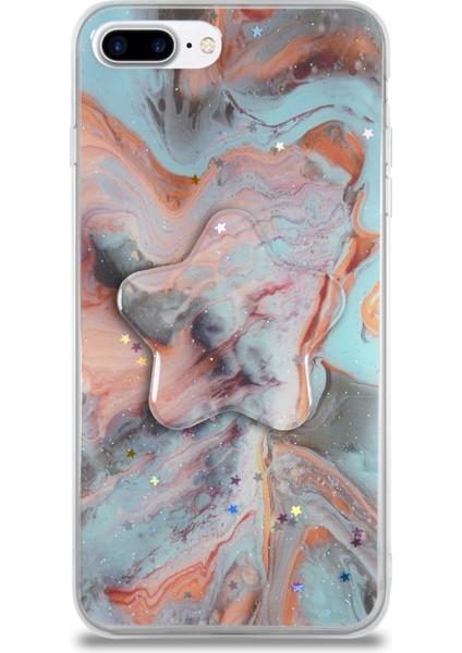 Caseworld Apple Apple iPhone 7 Plus Kapak Mermer Desenli Pop Socketli Silikon Kılıf - Mercan