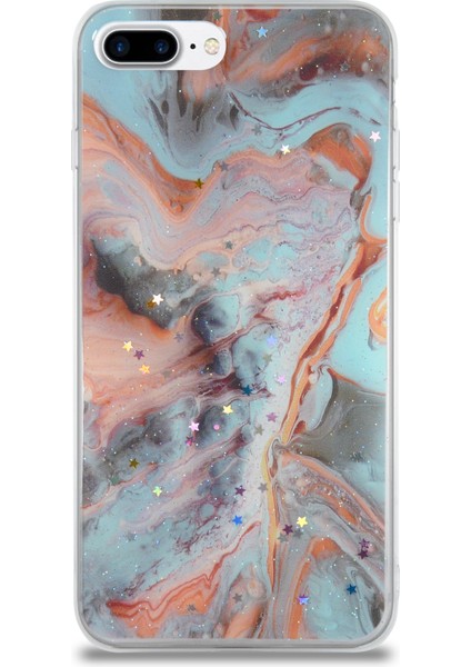 Caseworld Apple Apple iPhone 7 Plus Kapak Mermer Desenli Pop Socketli Silikon Kılıf - Mercan
