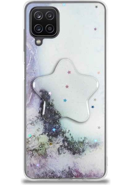 Caseworld Samsung Galaxy A12 Kapak Mermer Desenli Pop Socketli Silikon Kılıf - Beyaz