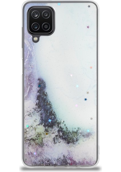 Caseworld Samsung Galaxy A12 Kapak Mermer Desenli Pop Socketli Silikon Kılıf - Beyaz