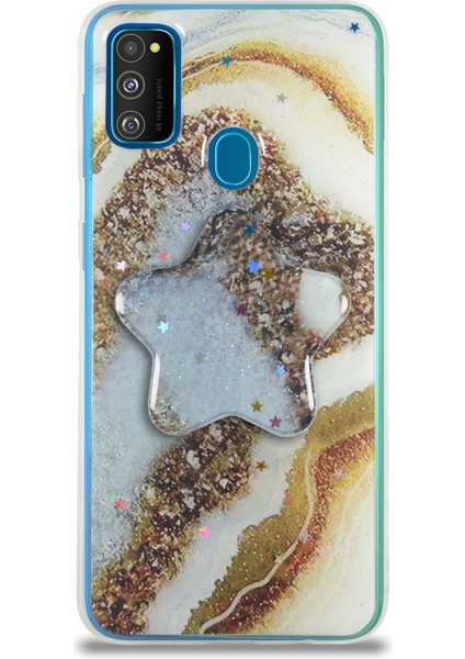 Caseworld Samsung Galaxy M30S Kapak Mermer Desenli Pop Socketli Silikon Kılıf - Gold