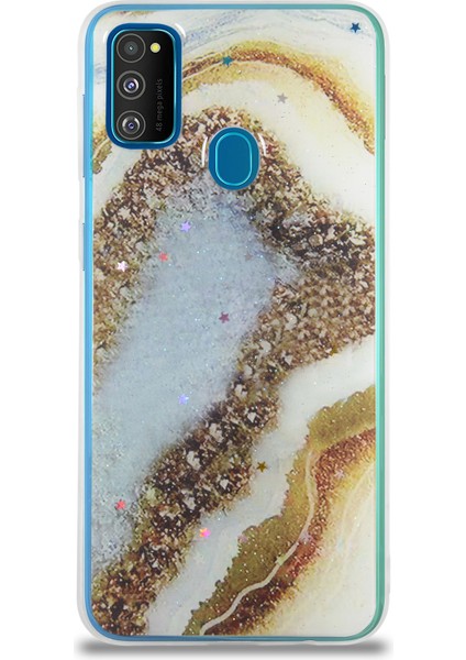 Caseworld Samsung Galaxy M30S Kapak Mermer Desenli Pop Socketli Silikon Kılıf - Gold