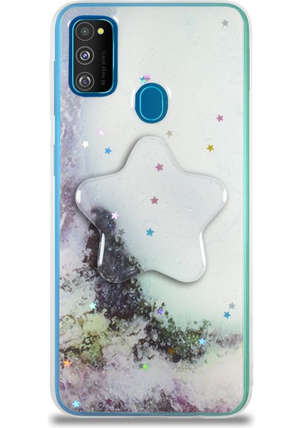 Case World Caseworld Samsung Galaxy M21 Kapak Mermer Desenli Pop Socketli Silikon Kılıf - Beyaz