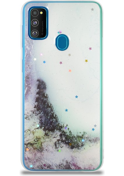 Case World Caseworld Samsung Galaxy M21 Kapak Mermer Desenli Pop Socketli Silikon Kılıf - Beyaz