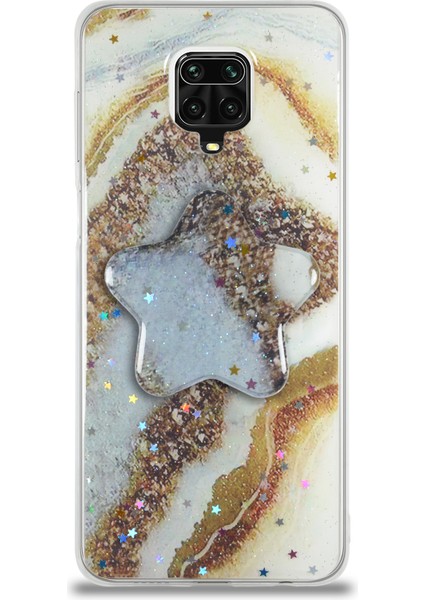 Caseworld Xiaomi Redmi Note 9 Pro Kapak Mermer Desenli Pop Socketli Silikon Kılıf - Gold