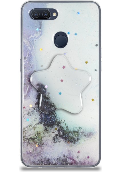 Caseworld Oppo A5S Kapak Mermer Desenli Pop Socketli Silikon Kılıf - Beyaz