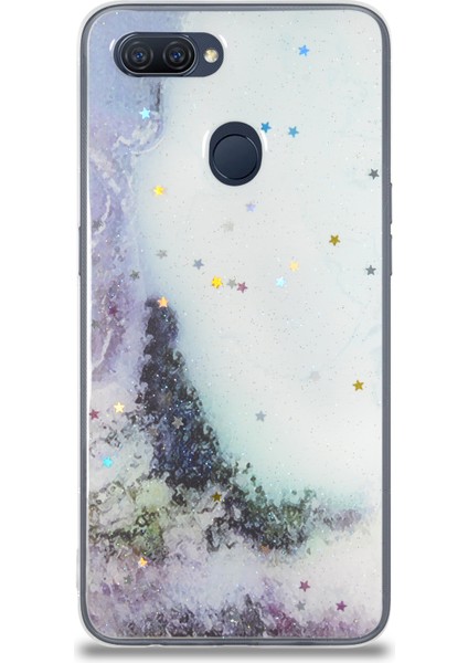 Caseworld Oppo A5S Kapak Mermer Desenli Pop Socketli Silikon Kılıf - Beyaz