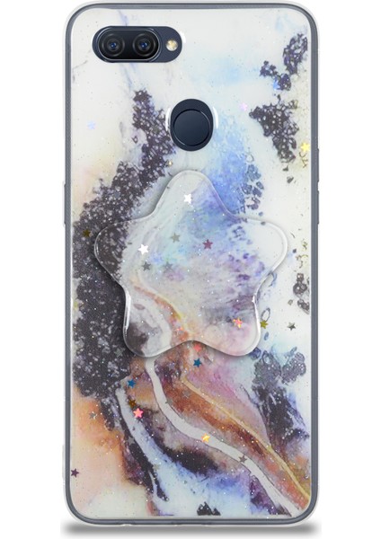 Caseworld Oppo A5S Kapak Mermer Desenli Pop Socketli Silikon Kılıf - Mor