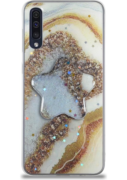 Caseworld Samsung Galaxy A50 Kapak Mermer Desenli Pop Socketli Silikon Kılıf - Gold
