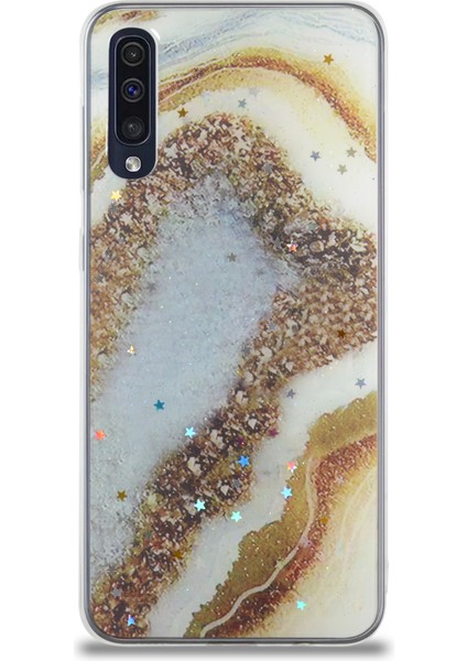 Caseworld Samsung Galaxy A50 Kapak Mermer Desenli Pop Socketli Silikon Kılıf - Gold fiyatları