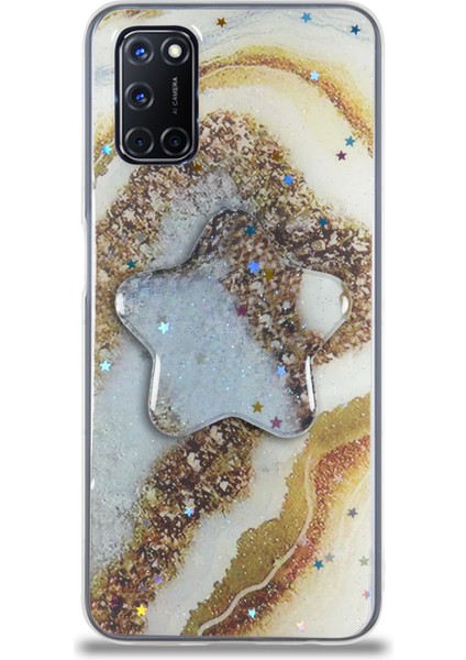 Caseworld Oppo A92 Kapak Mermer Desenli Pop Socketli Silikon Kılıf - Gold