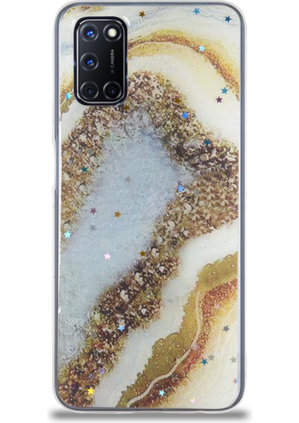 Caseworld Oppo A92 Kapak Mermer Desenli Pop Socketli Silikon Kılıf - Gold