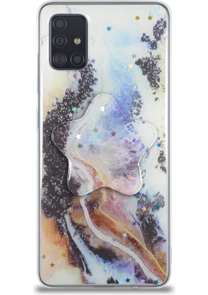 Caseworld Samsung Galaxy A51 Kapak Mermer Desenli Pop Socketli Silikon Kılıf - Mor