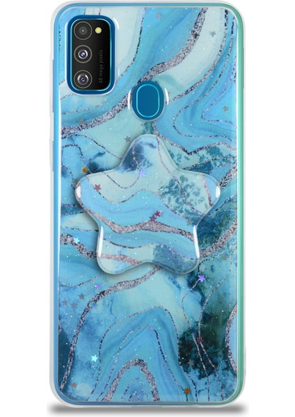 Caseworld Samsung Galaxy M30S Kapak Mermer Desenli Pop Socketli Silikon Kılıf - Mavi