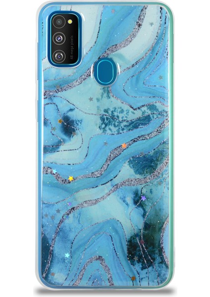 Caseworld Samsung Galaxy M30S Kapak Mermer Desenli Pop Socketli Silikon Kılıf - Mavi fiyatları