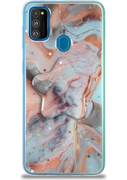 Caseworld Samsung Galaxy M30S Kapak Mermer Desenli Pop Socketli Silikon Kılıf - Mercan