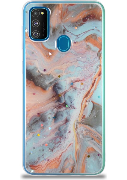 Caseworld Samsung Galaxy M30S Kapak Mermer Desenli Pop Socketli Silikon Kılıf - Mercan