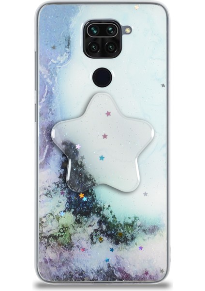 Caseworld Xiaomi Redmi Note 9 Kapak Mermer Desenli Pop Socketli Silikon Kılıf - Beyaz