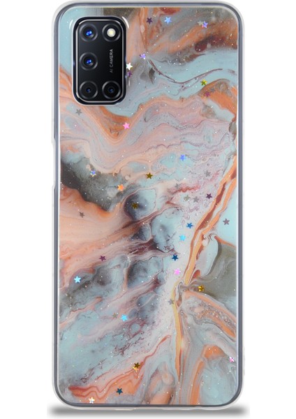Caseworld Oppo A52 Kapak Mermer Desenli Pop Socketli Silikon Kılıf - Mercan