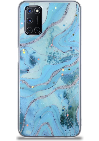 Caseworld Oppo A92 Kapak Mermer Desenli Pop Socketli Silikon Kılıf - Mavi