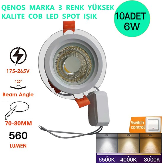 Qenos 6 Watt Cob 3 Renkli LED Spot 6500 K Beyaz – 4000 K Ilık Beyaz – 3000 K Günışığı 10'lu Ekopaket