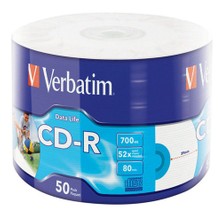 Verbatim CD-R Wide Inkjet Prıntable 700MB 80 Dakika 52X Hızında 50'li Spindle 43794