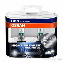 OSRAM HB3 12V 60W +110 FAZLA +35MT +20% daha beyaz Night Breaker UNLIMITED 2 li Set* USA
