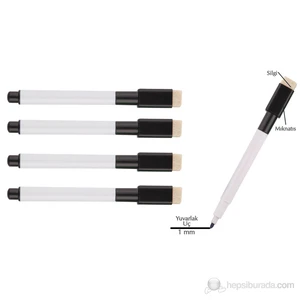 3A Beyaz Tahta Kalemi Mini (Silgili+Mıknatıslı) 4'Lü Set Siyah