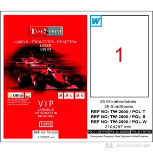 TW-2000 210x297 mm Silver (Gümüş) Lazer Etiket 25 Ad.