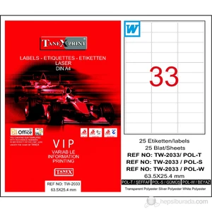 TW-2033 63.5x25.4 mm Polyester Laser Etiket 25 Ad.