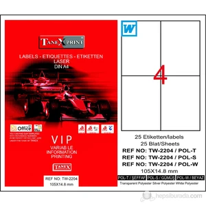 TW-2204 105x148,5 mm Polyester Laser Etiket 25 Ad.