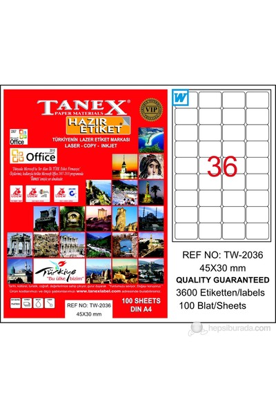 Tanex TW-2036 45x30 mm Laser Etiket 100 Ad.